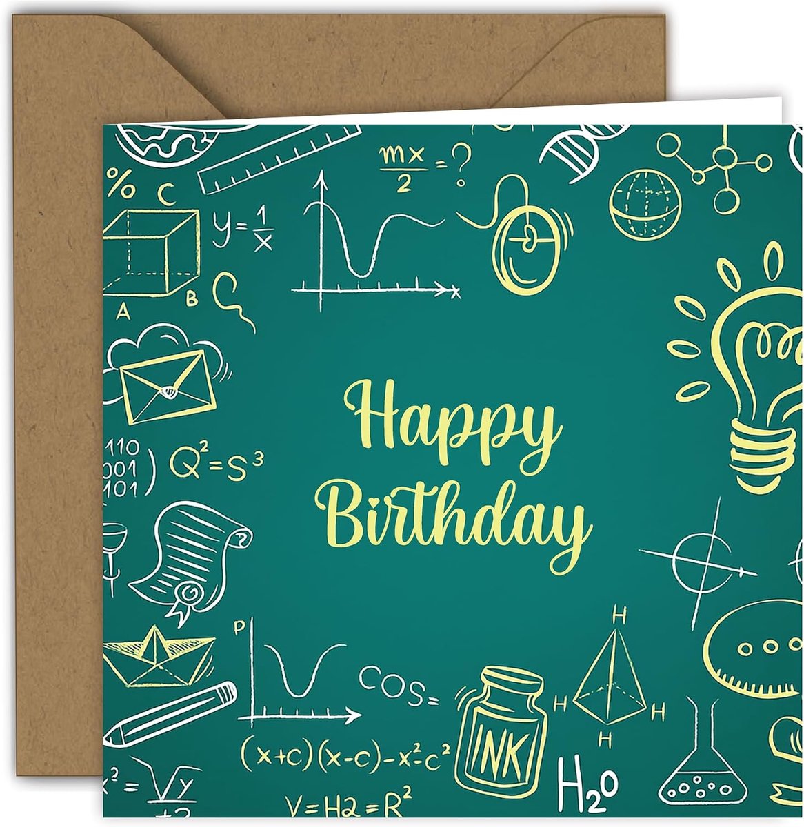 - Leuke groenblauwe achtergrond met gele doodles van wetenschap en wiskundige symbolen, perfect voor een nieuwsgierige geest | Gevouwen kaart (15 x 15 cm) - met Kraft envelop