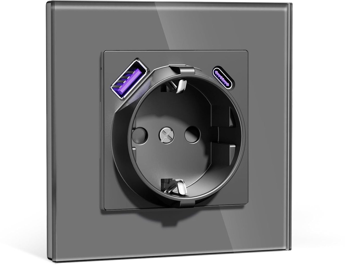 Stopcontact met USB-C 20 W PD USB-A, inbouw 86 x 86 mm, 16 A EU-stopcontact met glazen frame, snel opladen, type F met aarding, eenvoudige installatie (klapklauwen), 1-voudig grijs
