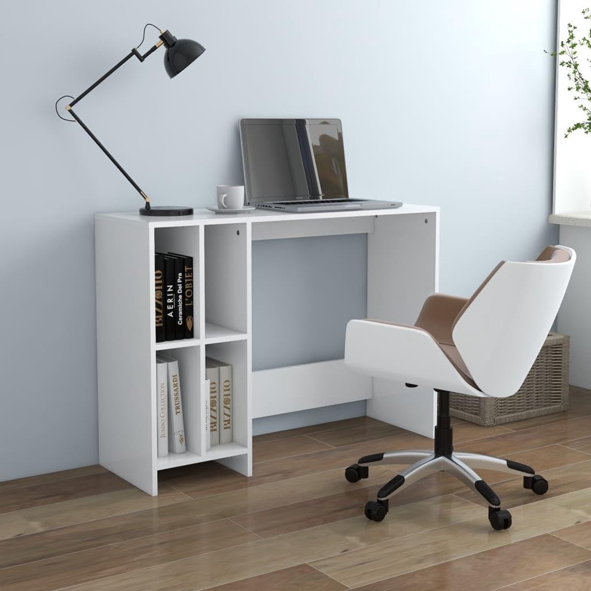 Wit, 102,5 x 35 x 75 cm, houtmateriaal, smalle werktafel met planken voor boeken en alledaagse materialen, ideaal voor kantoor, werkkamer of studentenhuis