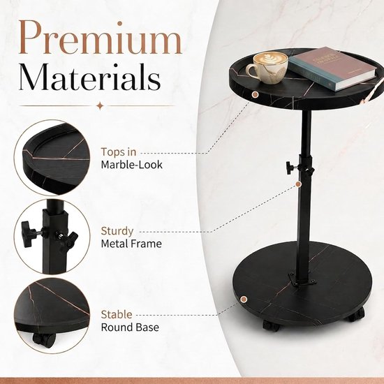 Bijzettafel, rond, met wieltjes, in hoogte verstelbaar (45-80 cm), ronde houten bijzettafels, 360° draaibaar, walnoothouten afwerking, kleine salontafel voor woonkamer, bank, zwart — afbeelding 4