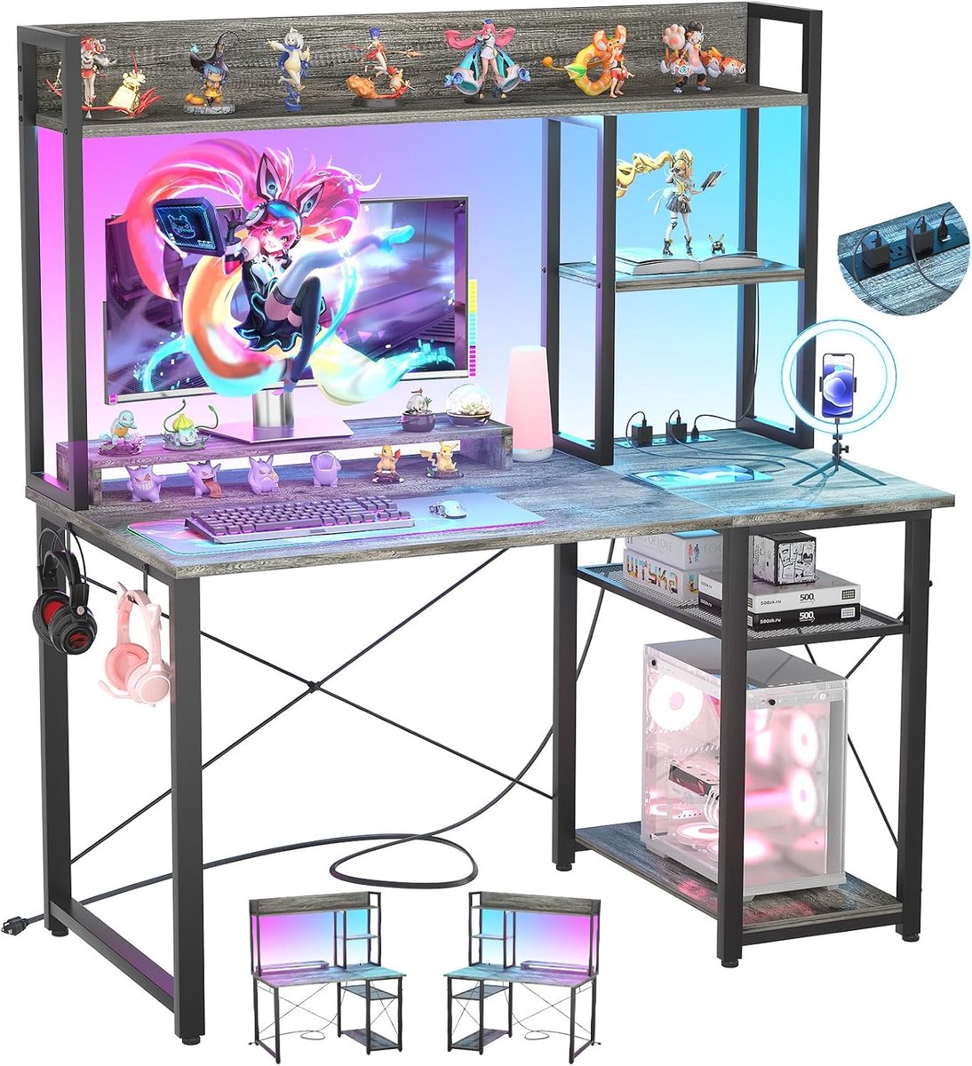 ISunirm Klein gamingbureau met opzetstuk, 100 cm (39 inch) computertafel met ledlampen en stopcontacten, thuiskantoor met omkeerbare 5-traps opbergvakken en monitorstandaard, grijs