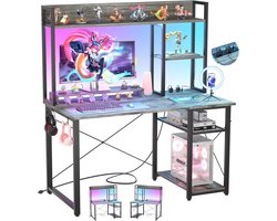 ISunirm Klein gamingbureau met opzetstuk, 100 cm (39 inch) computertafel met ledlampen en stopcontacten, thuiskantoor met omkeerbare 5-traps opbergvakken en monitorstandaard, grijs