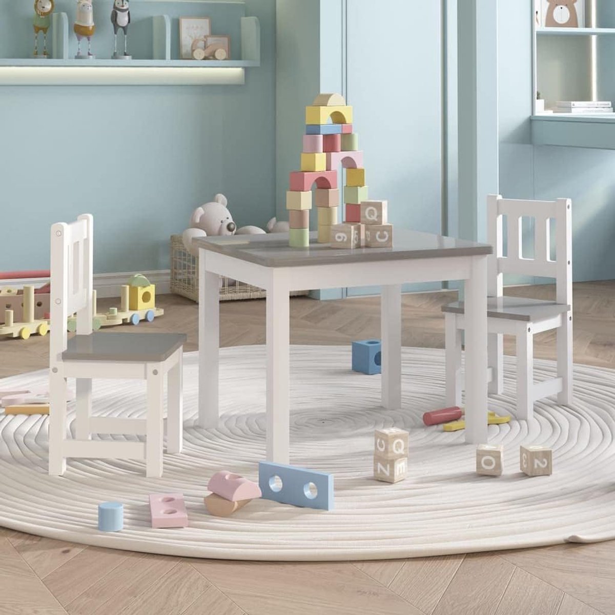 3-delig. van MDF met 1 tafel en 2 stoelen voor kinderkamer speelkamer wit grijs