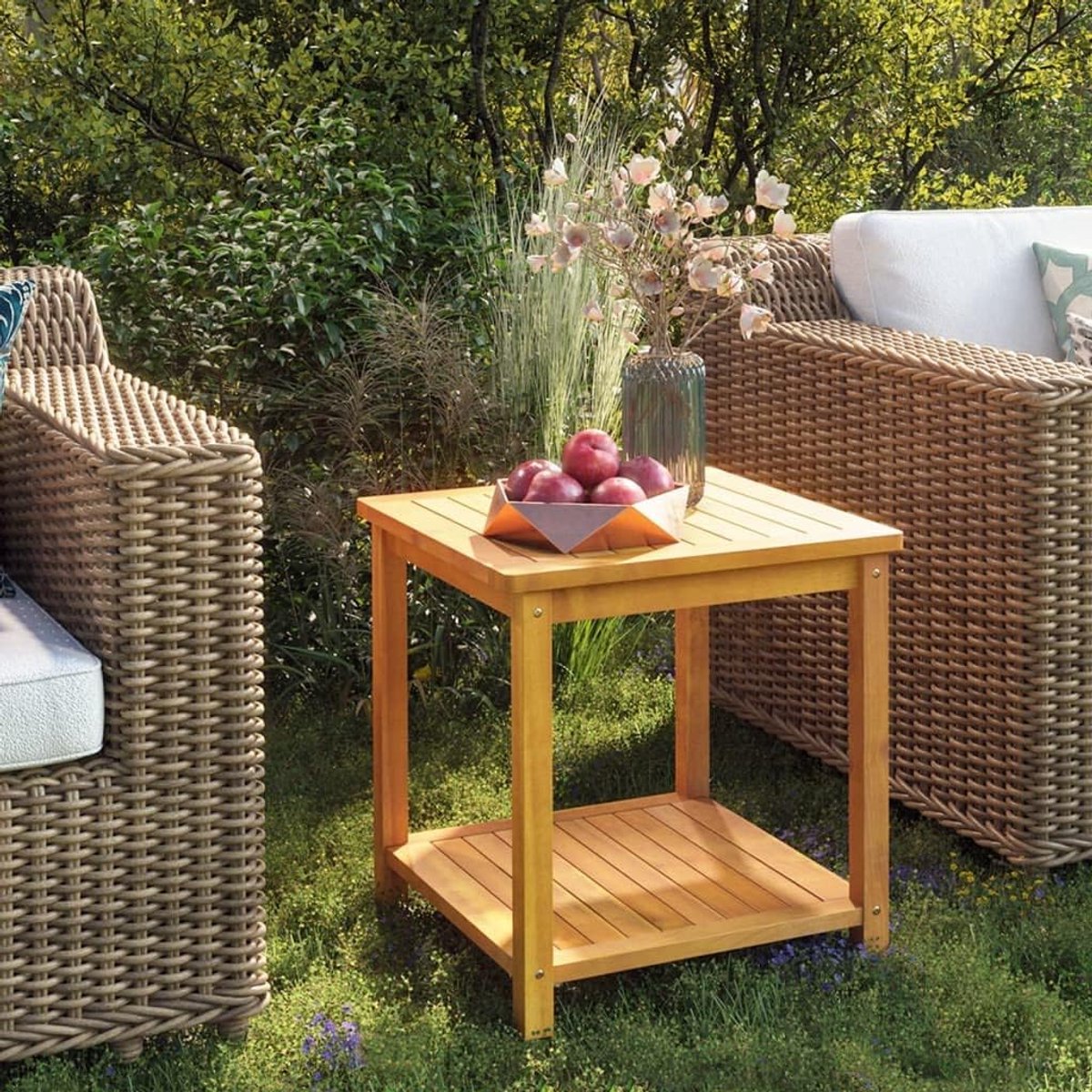 Bijzettafels voor woonkamer, functionele tafel, bijzettafel, massief acaciahout, 45 x 45 x 45 cm, voor woonkamer, slaapkamer