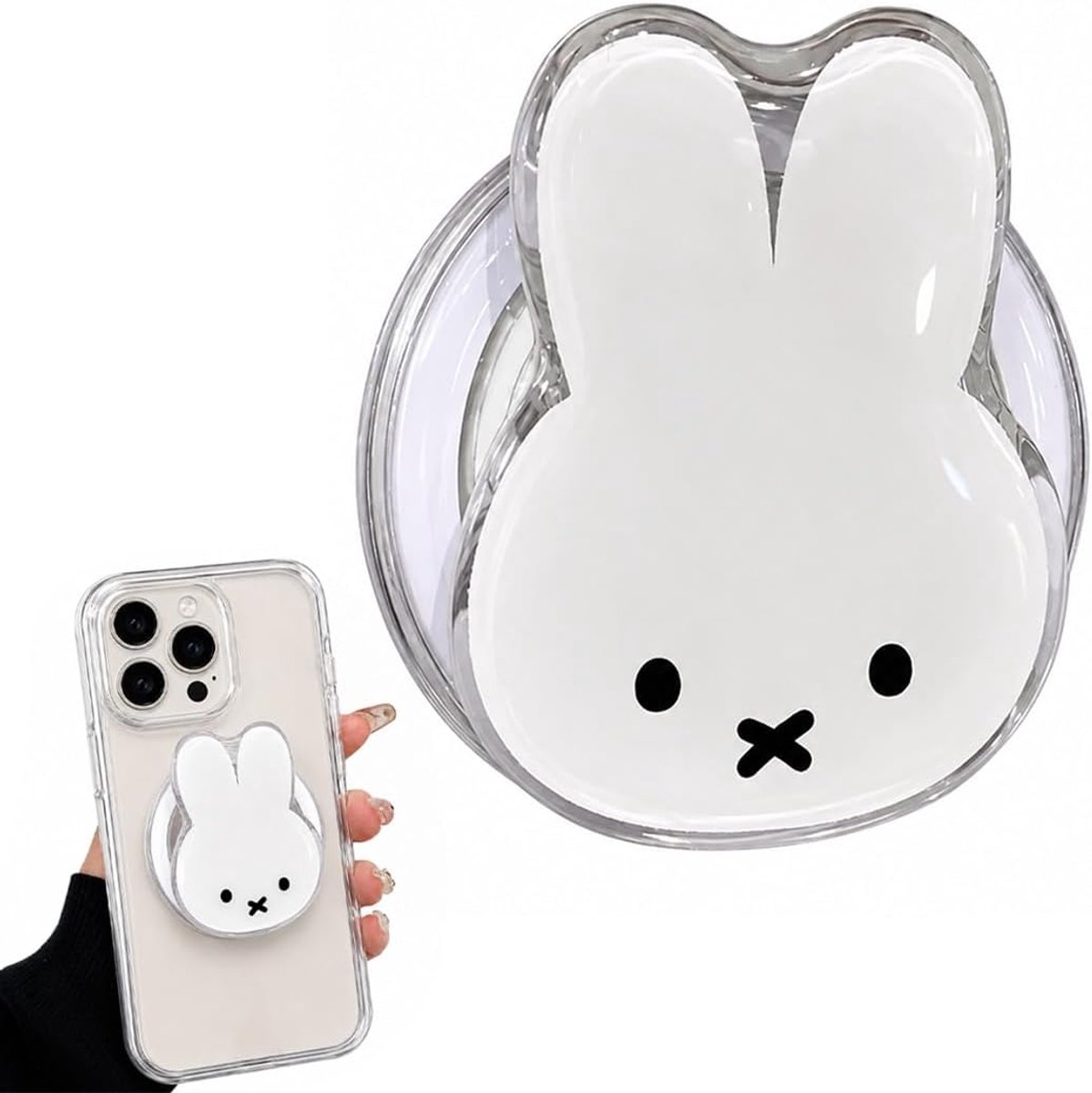 1 x magnetische telescopische telefoongreep, uittrekbare en opvouwbare telefoonhouder met wit konijnenpatroon, antislip en voor vrije handen, ideaal voor reizen, huis en auto, Witte haas, A