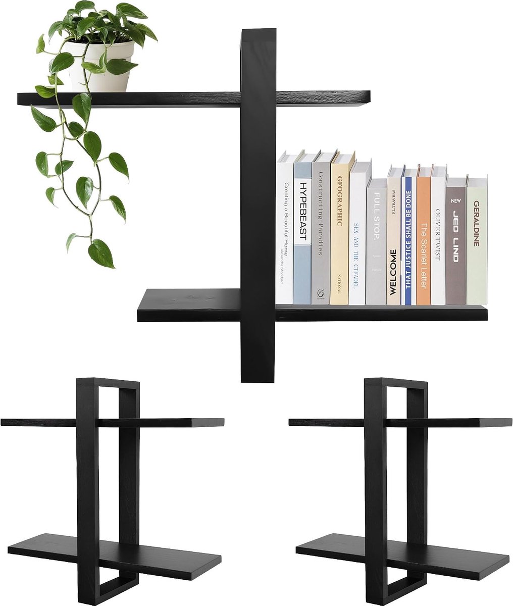 Frame, Hangrek, Wandrek, Fotogalage, Hangend Badkamerrek, Decoratieve Opslag Voor Thuis, Set Van 2, 2 Etages (Zwart)