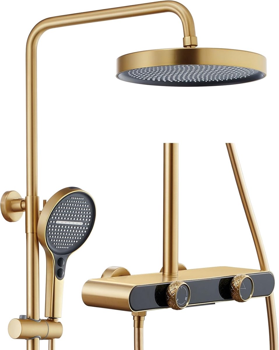 Geborsteld Zirkoniumgoud, 3 Functies Douchekolom Waterval Complete Doucheset Wandmontage Regendouche Douchesysteem, Doucheset met Kraan, Handdouche, Douchekop