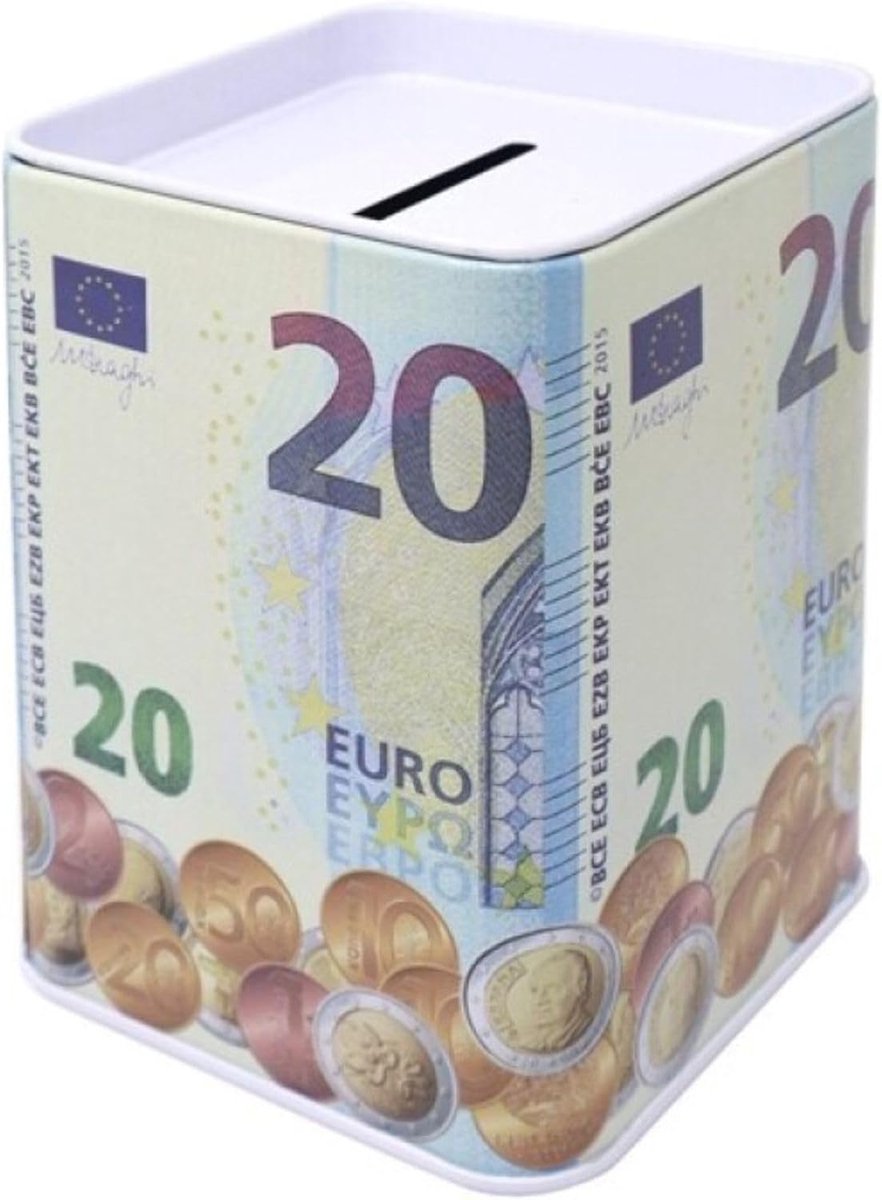 Spaarpot voor kinderen in levendige kleuren. Originele spaarpot van blik met deksel, voordelige spaarpot die ook kan worden gebruikt als pennendoos. 20 euro, 50 euro, 100 euro, 200 euro