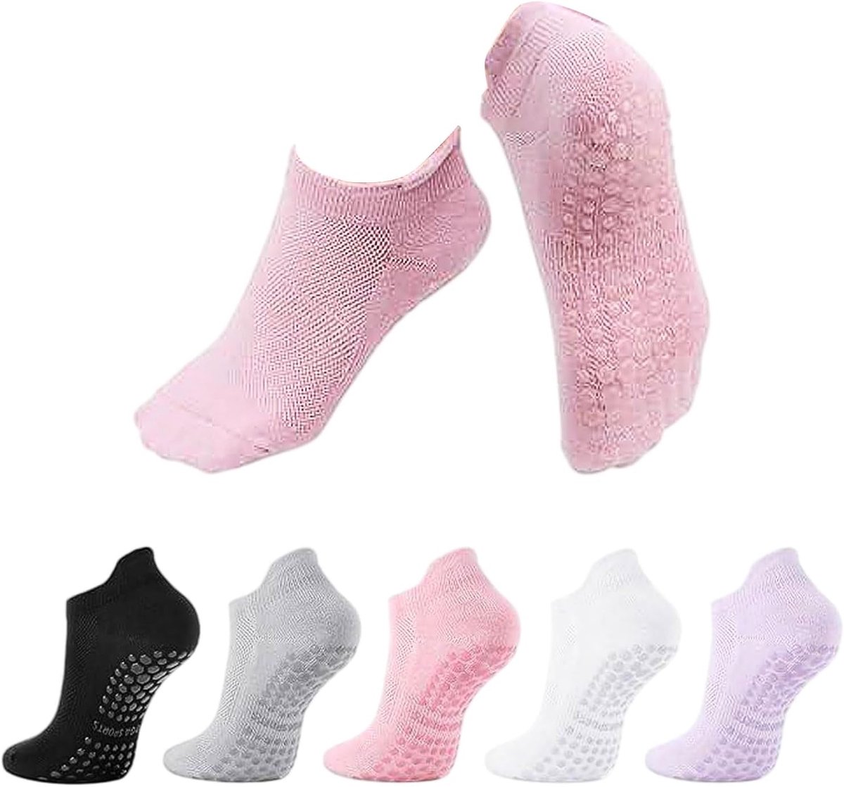 Sokken voor dames, yogasokken, 5 paar, antislip, katoen, pure kleur, zomer, antislip, voor barre, pilates, dans, blote voeten, trampoline, thuis