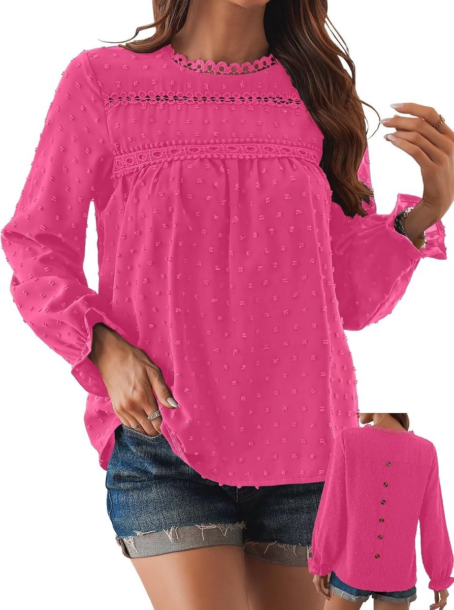 Dames Boho Blouse Langmouwen Shirt Tops Vloeiend Elegant Ronde Hals T-Shirt Herst Casual Outfits Kant Kleding