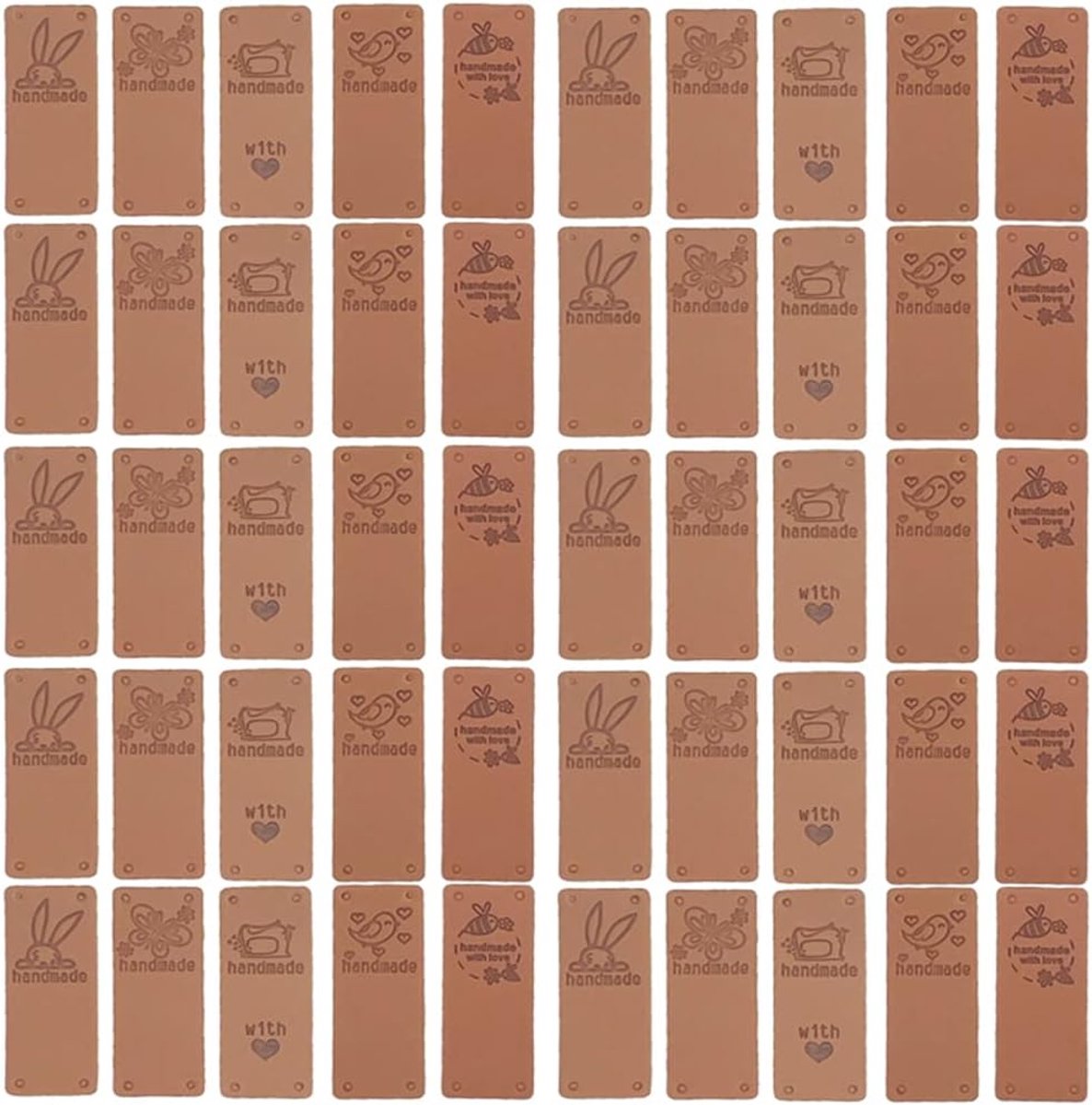 50 stuks handgemaakte lederen etiketten, tags, rechthoekig, naaien, doeken, etiketten, naaien, met 4 gaten, 5 prachtige patronen voor naaien, knopen, doe-het-zelf, knutselen, scrapbooking, kledingaccessoires, 5 x 2,5 cm