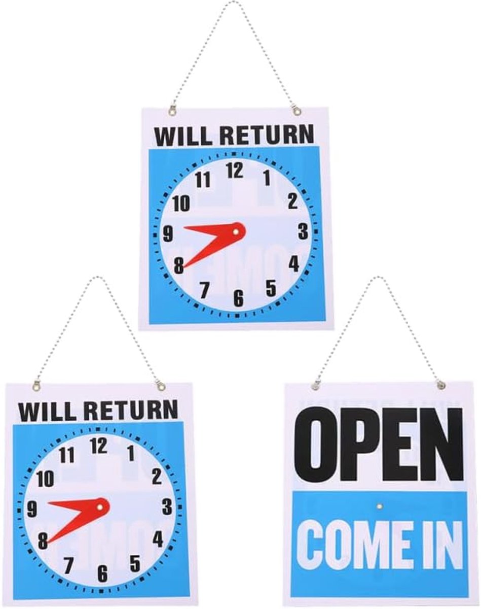 3 stuks klok bord zal terugkomen dubbelzijdige wanddecoratie van robuust pvc voor, restaurants, cafés, hotels creatief wandbord voor openingstijden