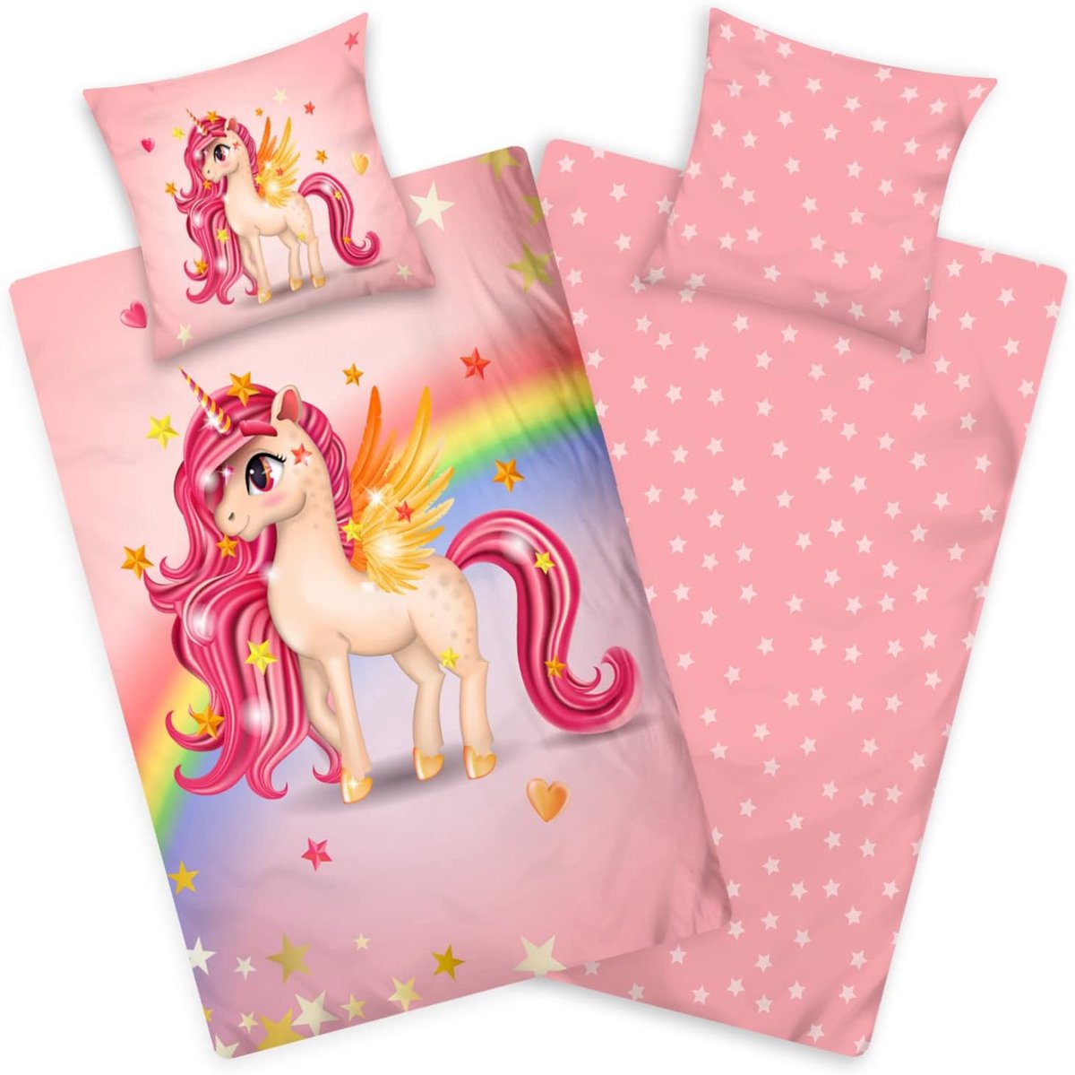 kids Beddengoed voor kinderen, 135 x 200 cm, meisjes, eenhoorn, katoen, roze, met ritssluiting met regenboog, diermotief paard, omkeerbaar kinderbeddengoed voor eenpersoonsbed