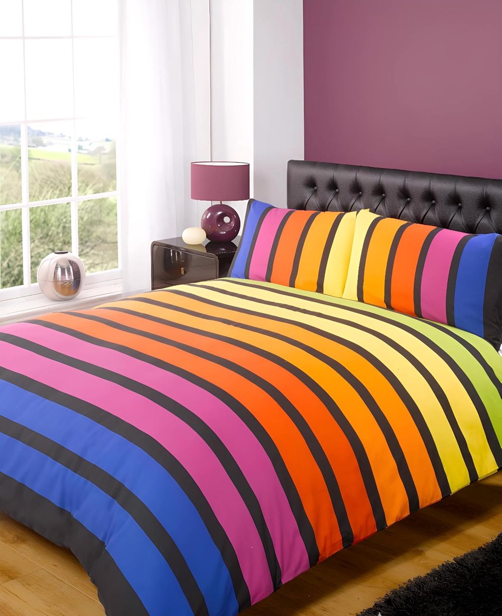 Soho beddengoedset met gekleurde strepen, blauw, paars, oranje, geel, groen - voor eenpersoonsbedden - slaapkamer beddengoed