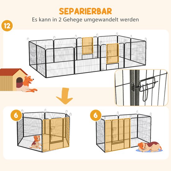 Illustratie van een dierenren die is opgedeeld in 2 kleinere rennen, met honden, en een detail van de sluiting.
