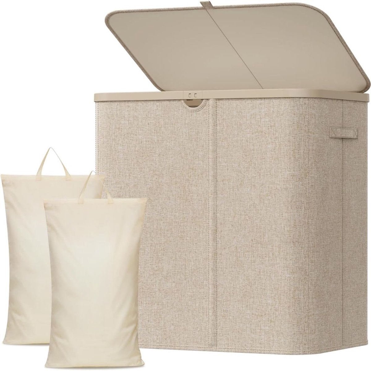 KLS® Wasmand 2 Vakken - Wasmand - Wasbox met 2 Vakken - Beige - 60cm x 40cm x 67cm