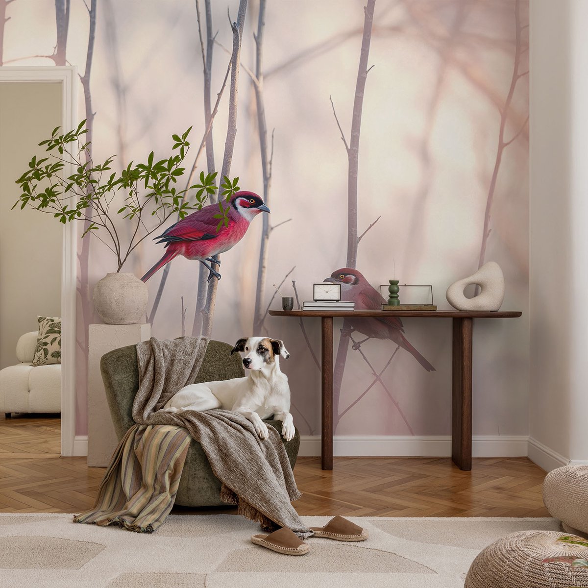 Coloray Vliesbehang - Roze Snellijm Behang - 104x70 cm - Vogelpaar Muurschildering - Gang behang Dieren - Fotobehang Vlies - Gang behang