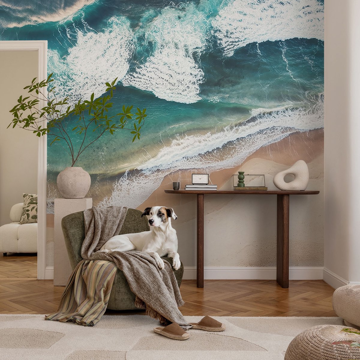 Coloray Vliesbehang - Blauw Snellijm Behang - 104x70 cm - Zeegolven Fotobehang Vlies - Hal behang Landschappen - Muurschildering - Woonkamer behang