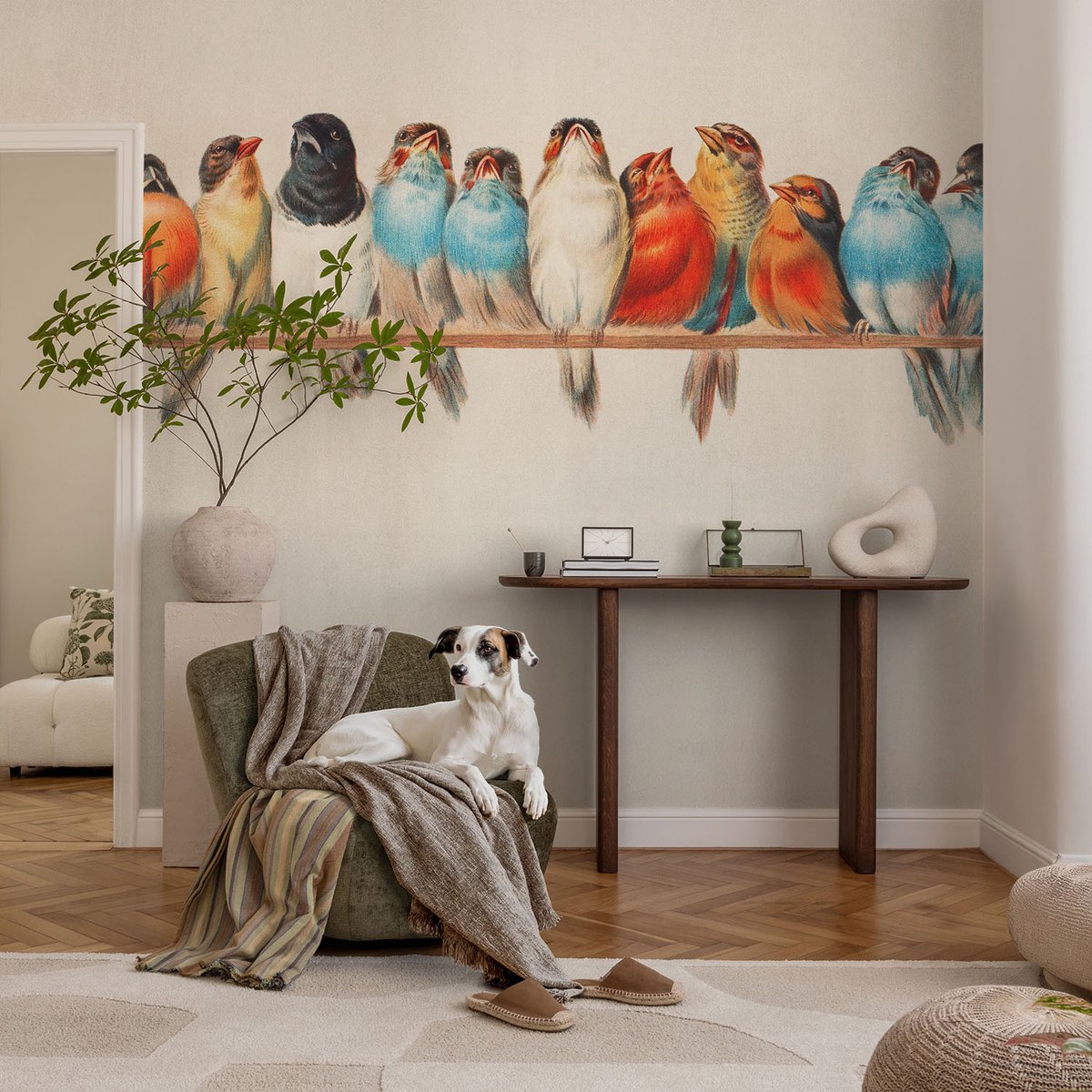 Coloray Vliesbehang - Blauw Snellijm Behang - 104x70 cm - Vogels Op Een Tak Fotobehang Vlies - Hal behang Dieren - Muurschildering - Woonkamer behang