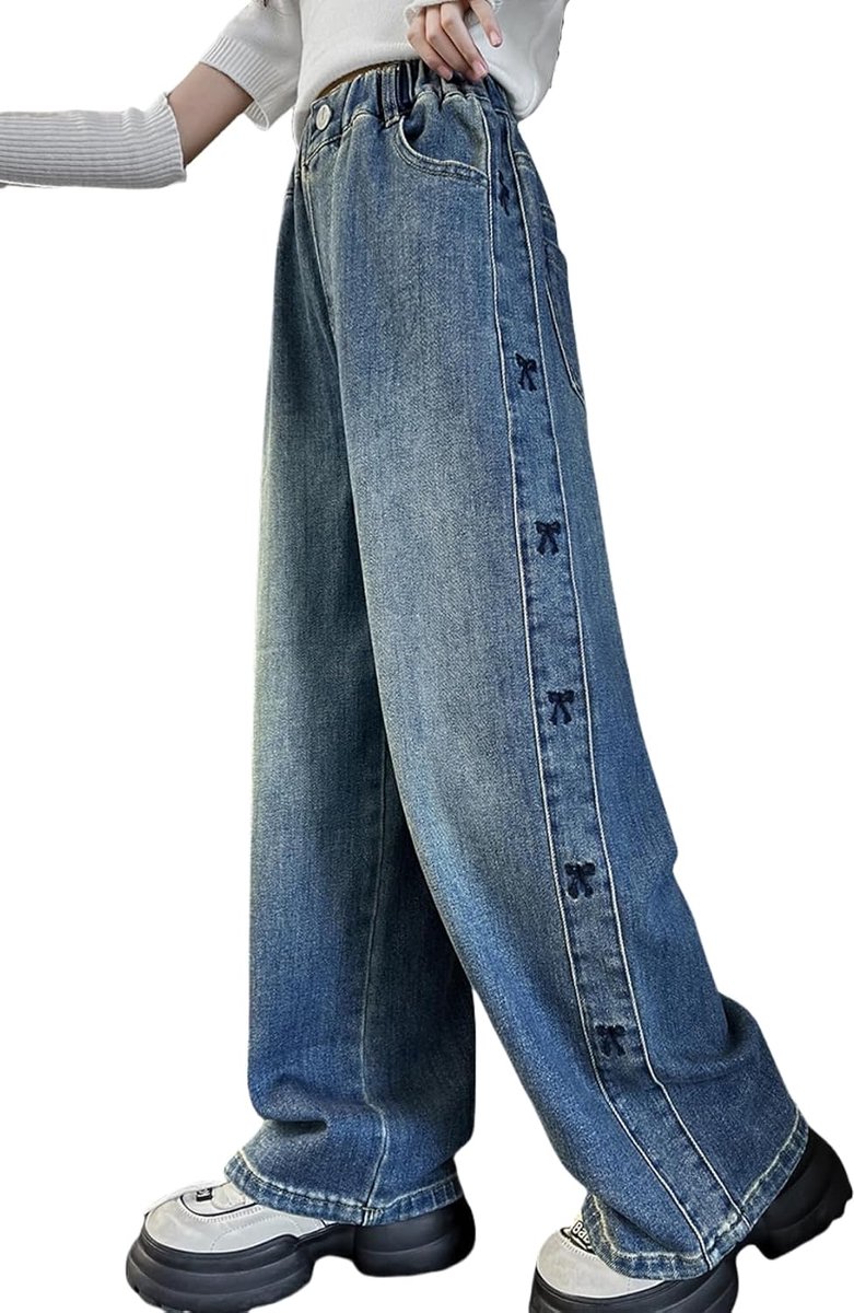 Jeans voor meisjes met losse elastische denim tailleband, blauwe spijkerbroek met modieuze scheuren