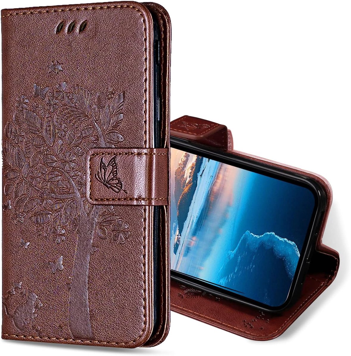 Hoesje voor iPhone 16, Kunstleren Bookcase Hoes met Pasjeshouder, Retro Kat en Boom Telefoonhoesjes Wallet Case voor iPhone 16 (Bruin)