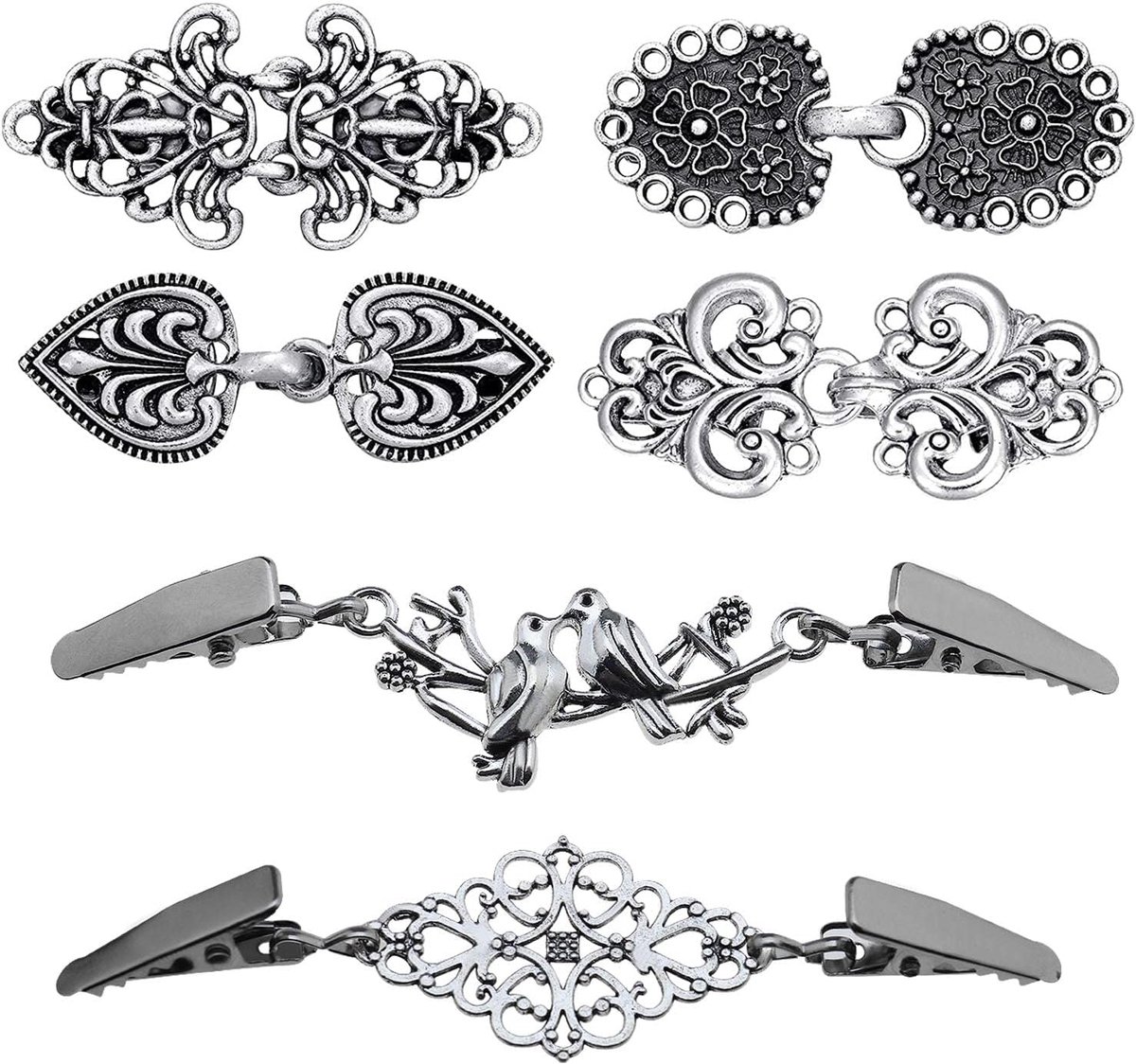 6 paar clips voor gebreide jas, vintage zilver, antiek, cape, clip, broche, halsband, kleding, sjaal,