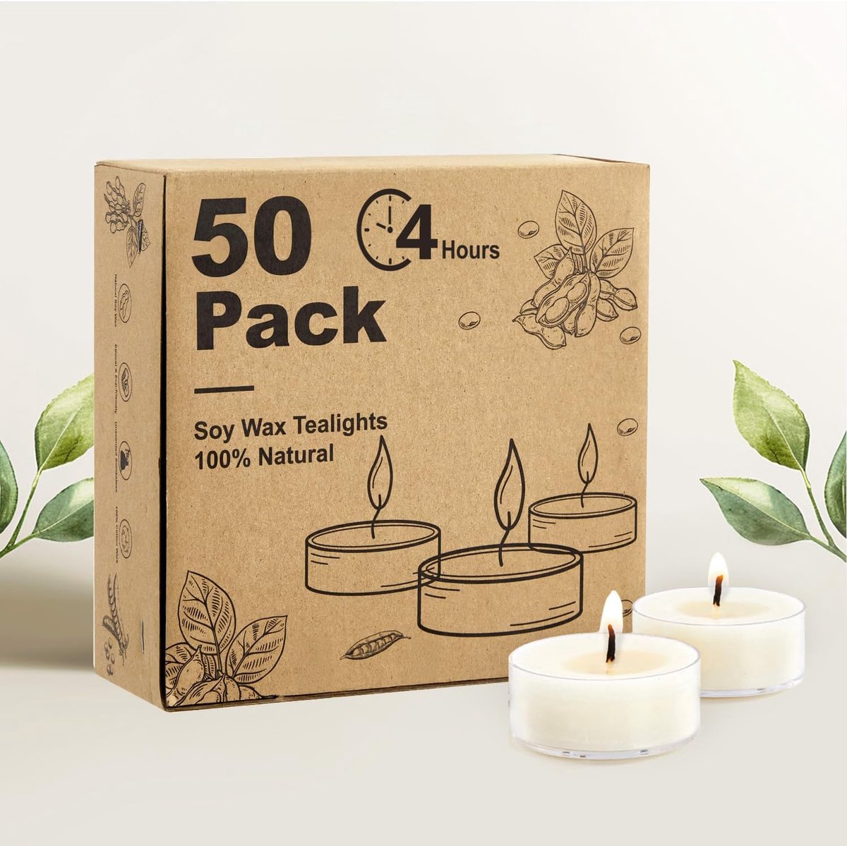 Theelicht in sojawas, 4 uur brandduur, 50 stuks witte kaarsen, geurloos, rookvrij en parafinevrij, met acrylhouder – Voor kerst, bruiloften, feesten en decoratie