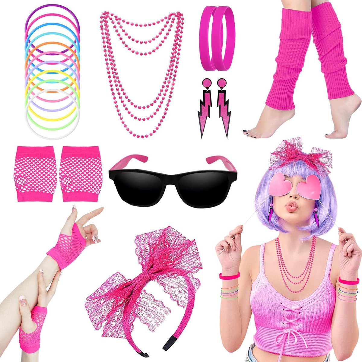 80 verkleedkostuums accessoires, jaren 80 fancy stijl jurken feestsets en kits voor vrouwen, neon beenwarmers kettingen armband visnet handschoenen kant strik hoofdband oorbellen zonnebril