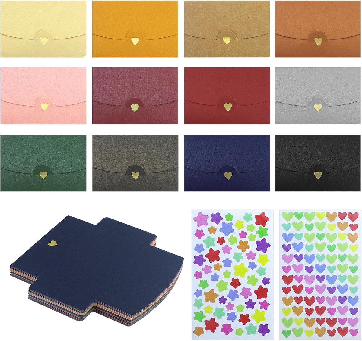 50 stuks mini-enveloppen, kleurrijk, 12 kleuren, parelglans, kleine enveloppen, kleurrijke cadeaukaarten, enveloppen met hartsluiting, voor doe-het-zelf cadeaukaarten, Kerstmis, bruiloft, wenskaarten