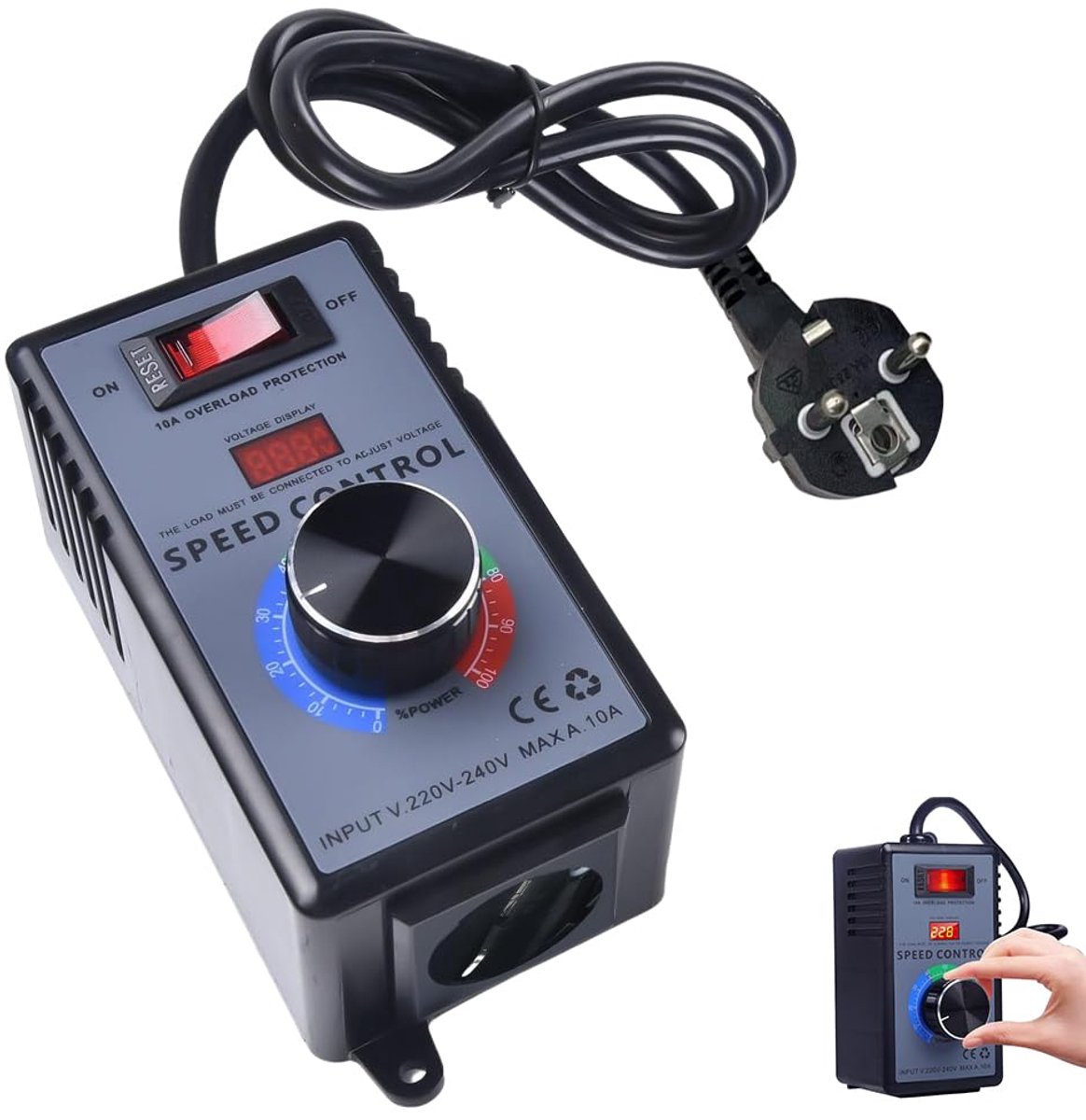Toerentalregelaar 230V, toerentalregelaar motor spanningsregelaar AC 220V 10A piekvermogen 4000W, frequentieomvormer, spanningsregelaar voor hoekschuurmachines, blazers, handboormachines, cirkelzagen