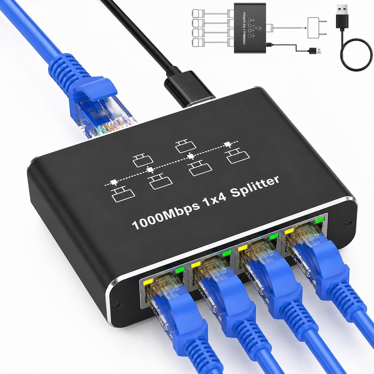 Stekkerdoos, LAN-netwerksplitter 1 naar 4 Ethernet-switch, 1000 Mbps