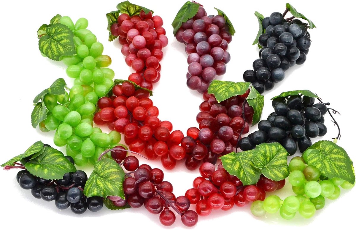 Kunstmatige druivencluster rubber matte druivenbundels decoratieve druiventrossen voor vintage bruiloft gunst fruit wijn decor faux fruit rekwisieten (zwart, rood, groen, paars - 12