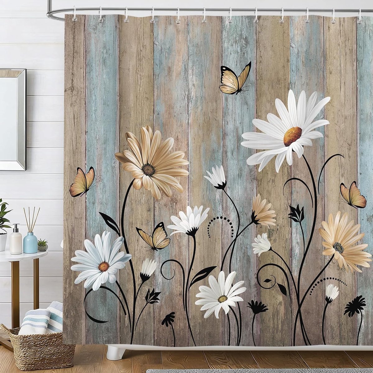 Hometerixx Boerderij Bloemen Tan Daisy Bloemen Houten Douchegordijn 182 x 180 cm