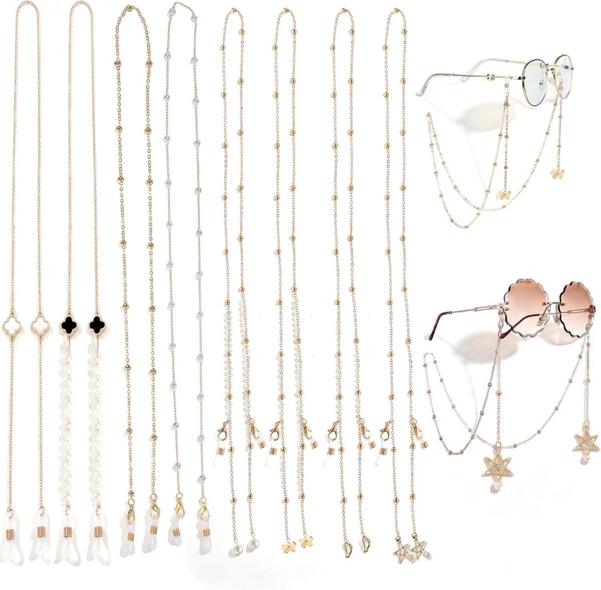 Set van 8 Brillenkettingen voor Dames, Gouden Brillenketting, Verstelbare Zonnebrilketting met Hangers en Antislip Ringen voor Zonnebrillen Leesbrillen en Dagelijks Dragen