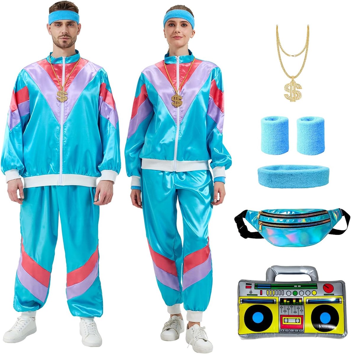 80 en 90-outfit voor heren en dames, jaren 80-trainingspak, retro trainingspak voor mannen en vrouwen, retro discokostuum voor carnaval, feest