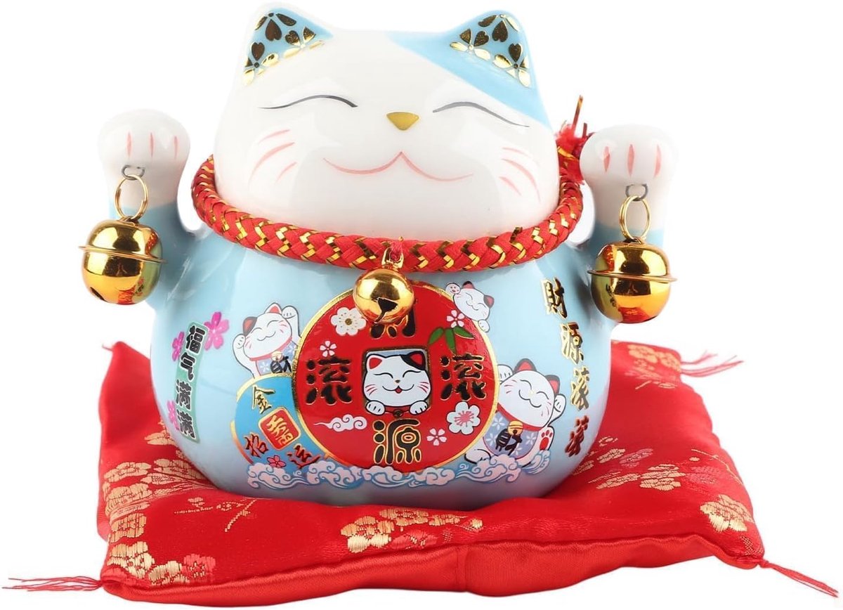 kattenbank, 11,4 cm van keramiek Maneki Neko, Chinese decoratie, Feng Shui gelukskat, spaarpot, geluksbrenger, kattenfiguur, kantoordecoratie (blauw)