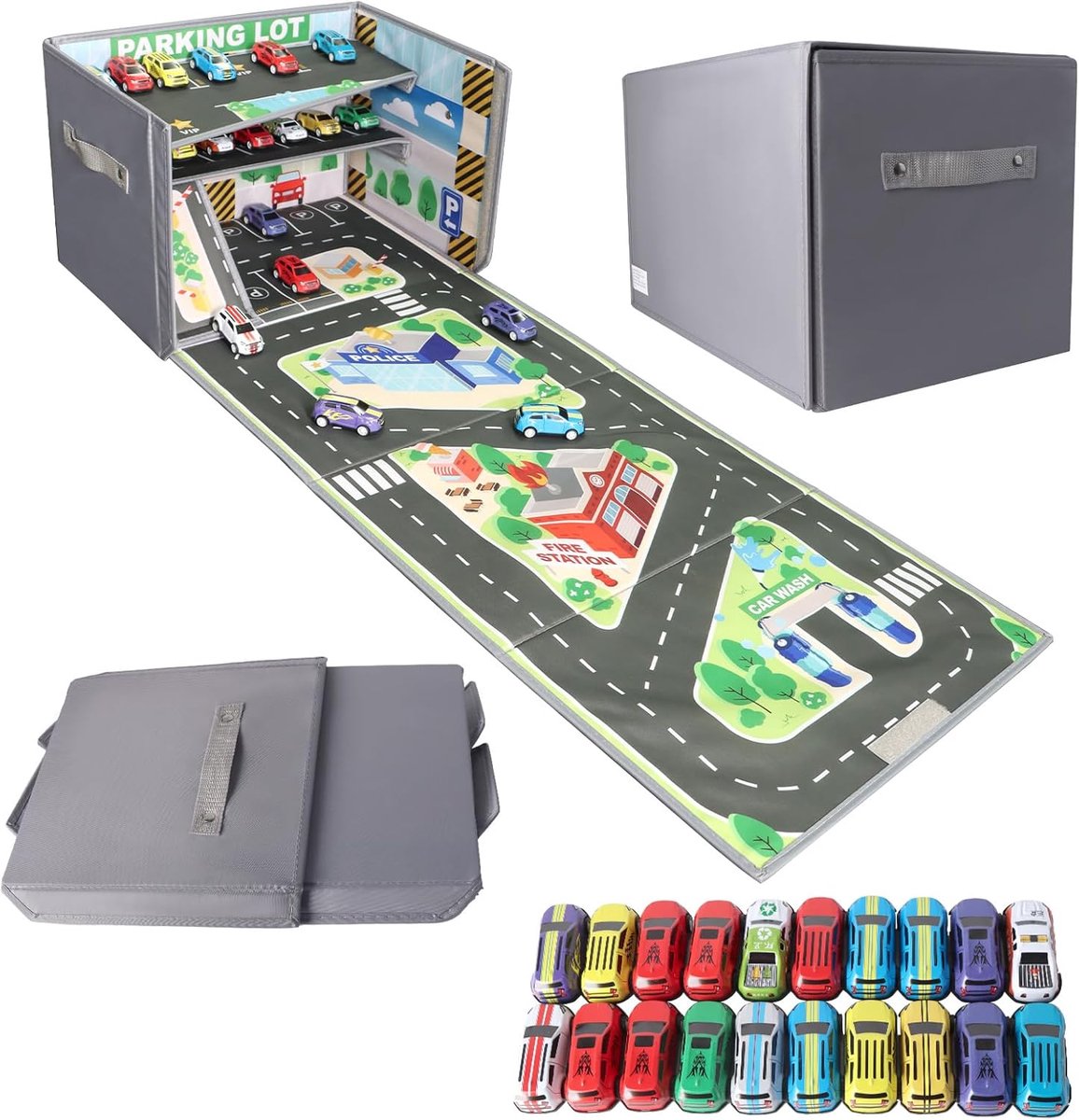 Auto-opbergdoos met speelmat, opvouwbare kubus-opbergdoos met handvatten voor kinderkamer, speelkamer, slaapkamer, speelgoedorganizer voor jongens en meisjes