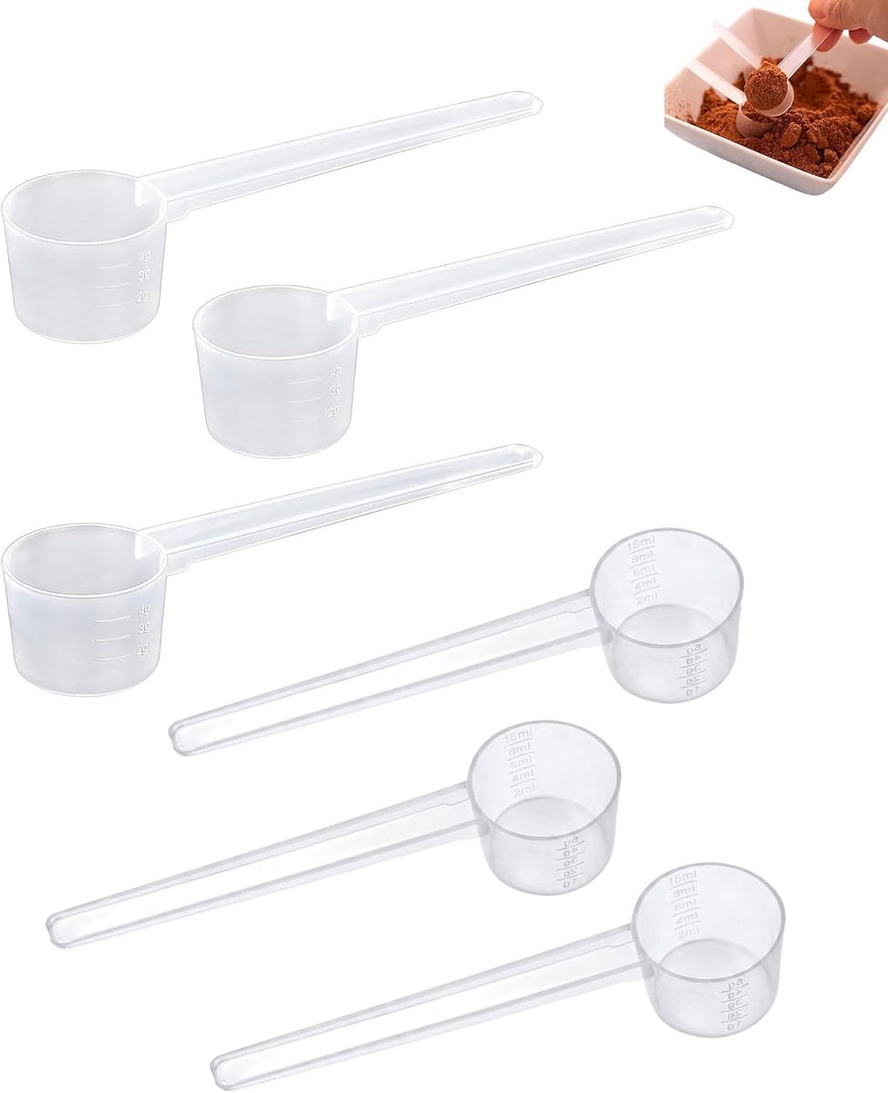 6 doseringslepels van transparant plastic met indeling,Lot van 6 voor patisserie en eiwitten,doseringslepel gram voor wei, poedermelk baby en wasmiddel,Lange mouw herbruikbaar