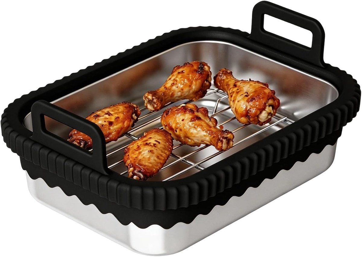ovenschaal voor heteluchtfriteuse, glazen airfryer-accessoires, siliconen handgrepen en uitneembare siliconen ring, hittebestendig, krasbestendig, vaatwasmachinebestendig, afneembaar, (zwart