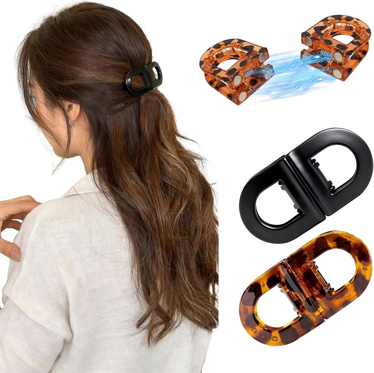 Haarclips Dames, 2 Stuks Slimme Magnetische Haarspelden, Sterke Haarclips Voor Dames Als Naadloze En Comfortabele Haaraccessoires (Luipaardprint + Zwart)