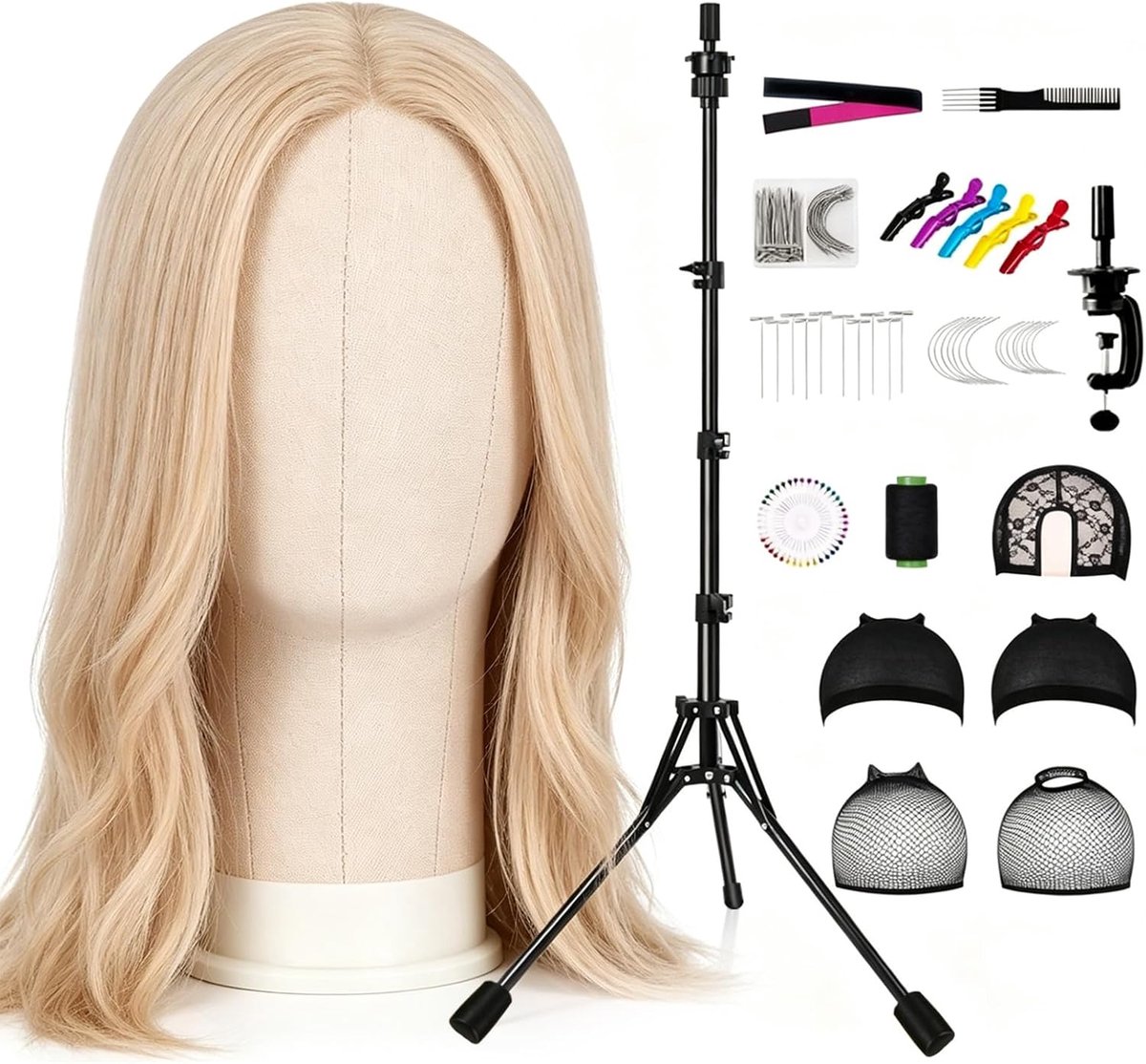 58 cm/23" pruikenhoofd, pruik hoofd met pruikenstandaard 64 cm, pruik maken mannequin hoofd met oefenhoofd standaard, mannequinhoofd set met tafelklem, T-pennen en haarborstel