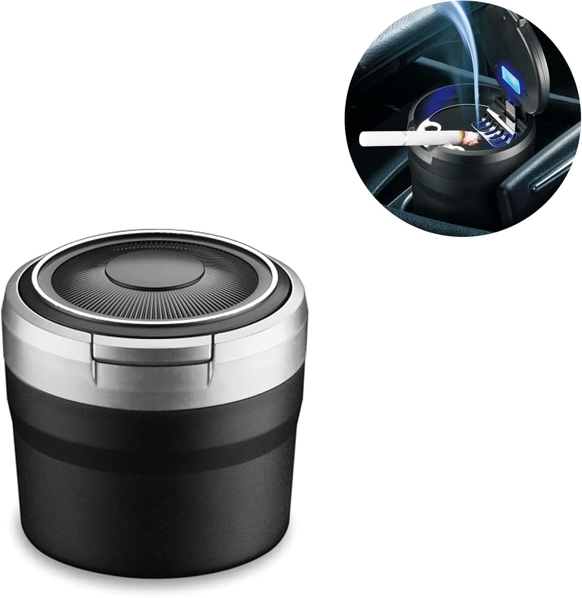 Asbak voor de auto, auto met deksel, draagbare rookvrije asbak met ledlicht, roestvrij staal, sigarettenasbak voor auto's, bestelwagens, outdoor, camping (zilver)