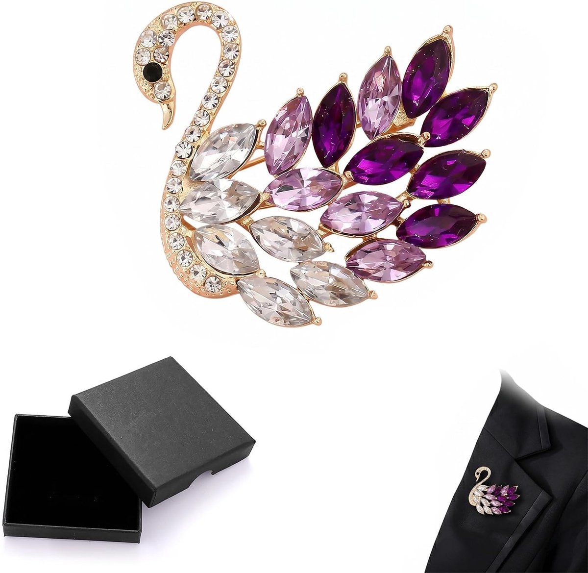 Broche voor dames, zwaan van paars kristal, modesieraad, elegant, voor kleding, modeaccessoire met zwarte geschenkdoos, ideaal voor verjaardag, bruiloft, Moederdag, 4,5 x 4 cm