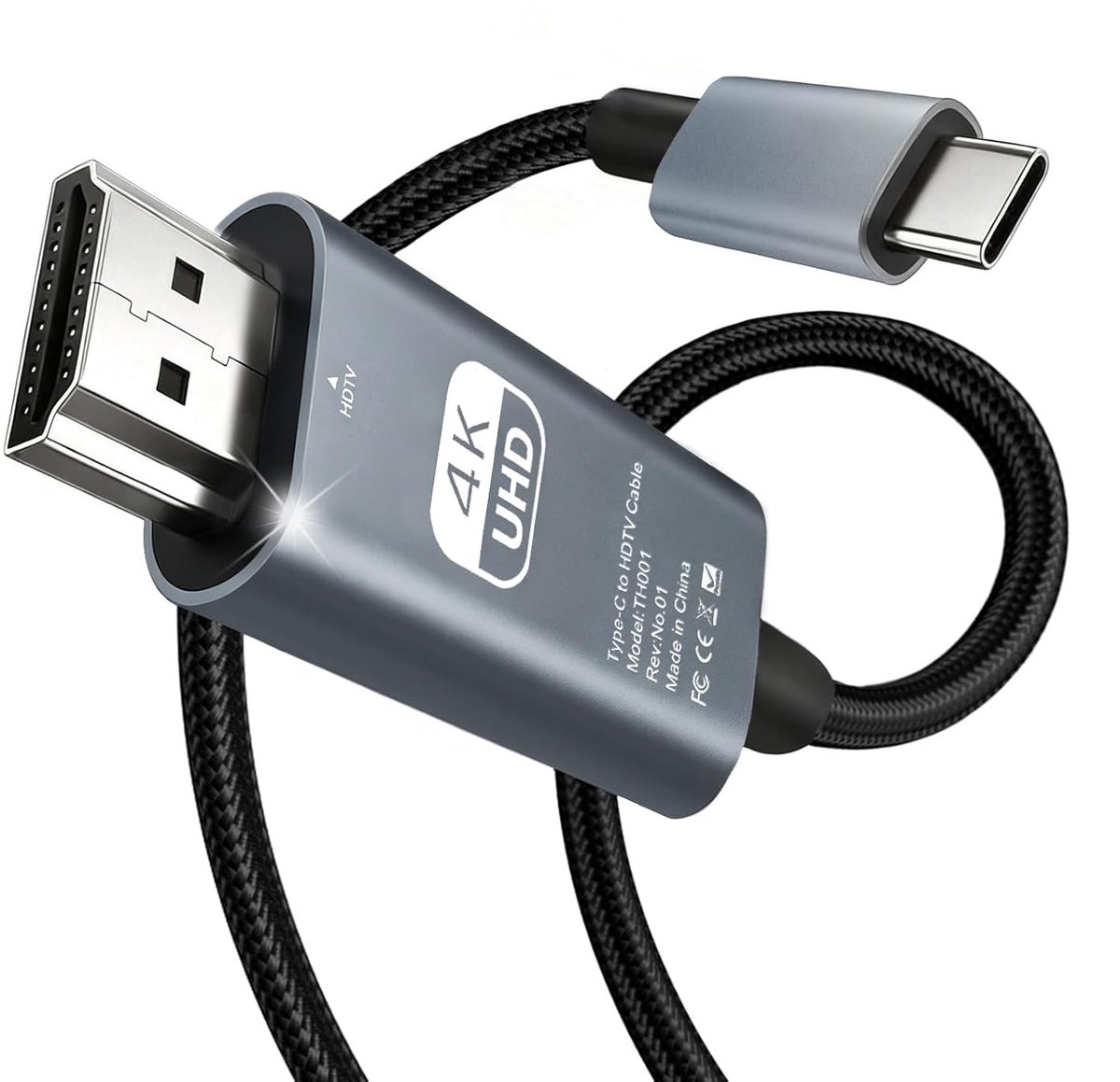 C naar HDMI-kabel, 4K, 2 m, USB type C naar HDMI 4K UHD-kabel, gevlochten, Thunderbolt 4/3 naar HDMI-kabel, compatibel met iPhone 17/16/15, MacBook Pro/Air, iMac, iPad, Galaxy S25/S24/S23, Surface