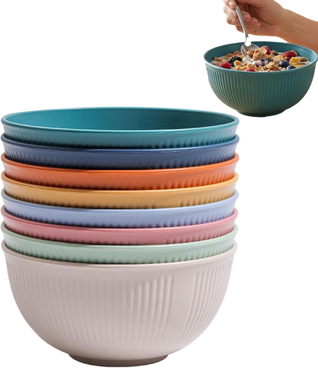 Set van 8 mueslikommen, 655 ml, onbreekbare kunststof kommen, herbruikbaar en duurzaam, ontbijtkom voor soepen, muesli, salade, diner, Ø 15 cm, BPA-vrij, 8 kleuren