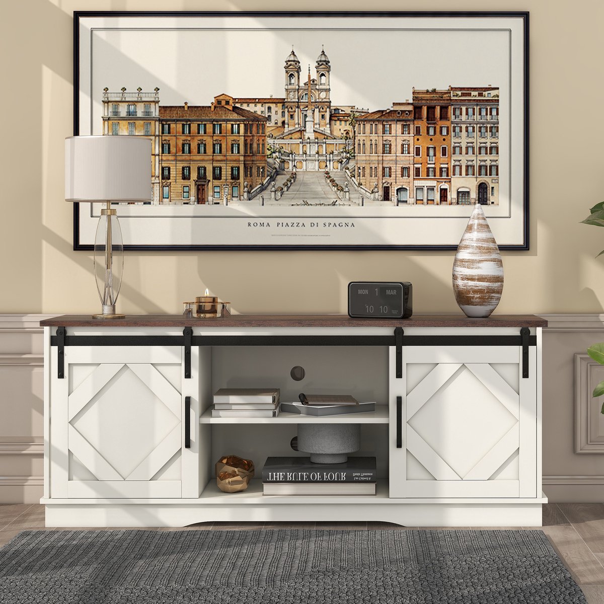 tv meubel met Schuifdeuren Wit-Bruin 150x40x60 cm - 2 deuren en 4 open vakken - Geschikt voor 65 inch TV - Verstelbare legplanken - Landelijk design - Incl. kabeldoorvoer - Draagvermogen 80 kg