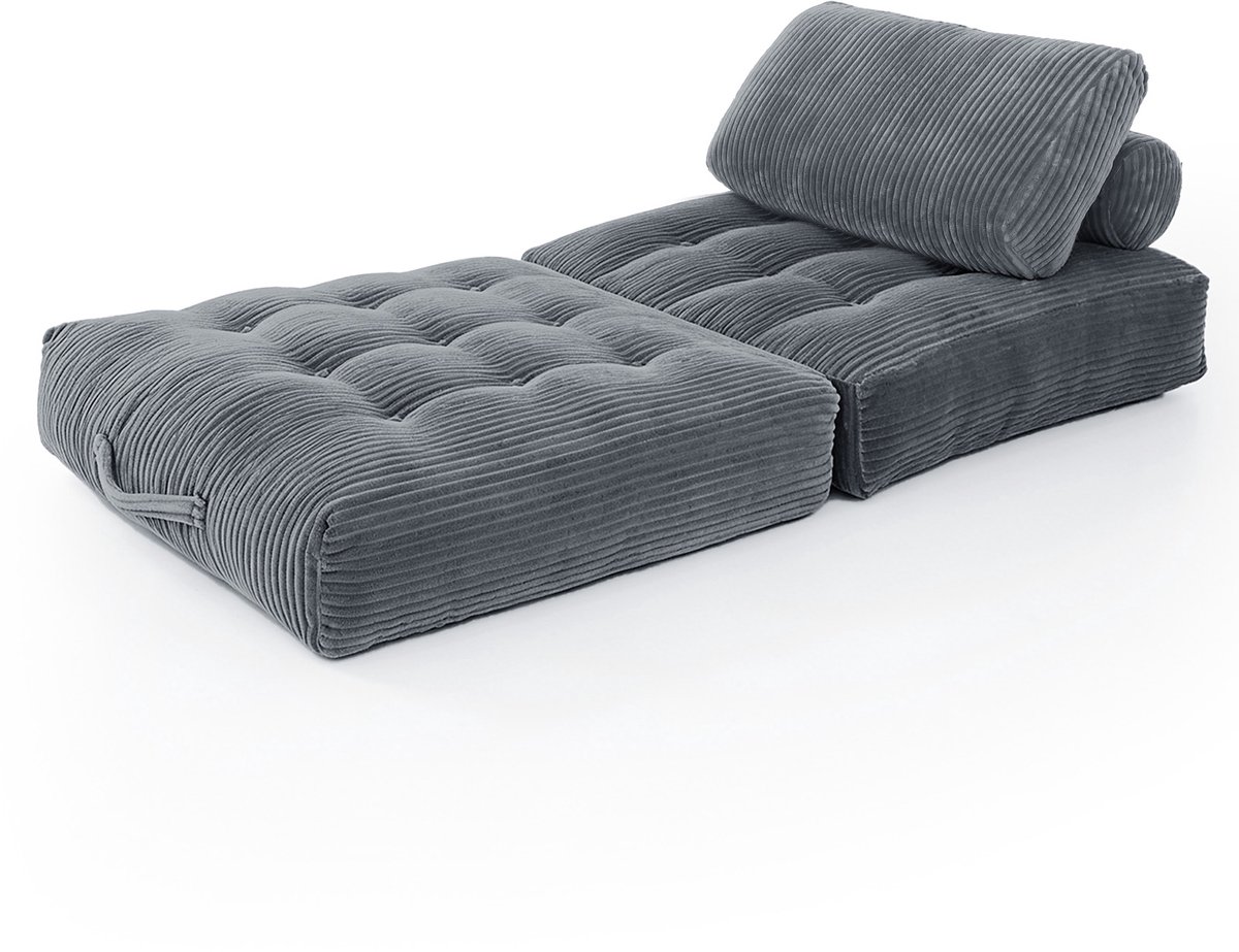 Gecomprimeerde eenpersoons vloersofa met steunkussen, beige, 96 x 96 x 40 cm, schuimvulling en ribstof bekleding