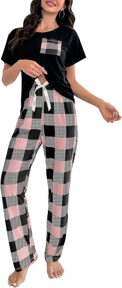 Pyjama voor dames, kort, tweedelige pyjamaset, zomer, korte mouwen, nachtkleding, T-shirt met geruite shorts, shorty loungewear