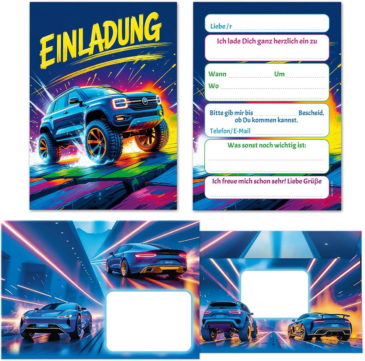 12 uitnodigingskaarten incl. 12 enveloppen voor kinderverjaardag jongen kinderen truck monstertruck auto coole kleurrijke uitnodigingen verjaardag verjaardagsuitnodigingen Kids