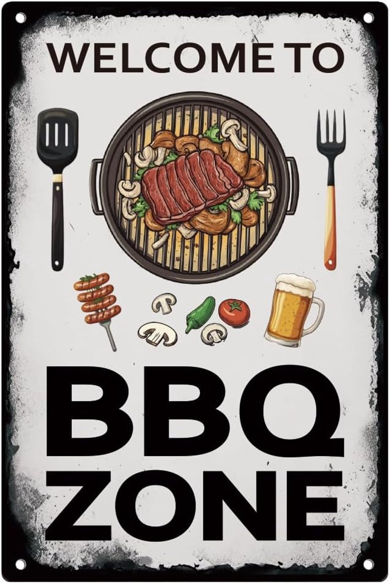 Welkom bij BBQ Zone Vintage tinnen bord barbecue retro kunst muurposter voor thuis keuken restaurant muurdecoratie 20,1 x 30,2 cm